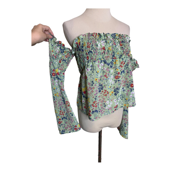 Glamorous green floral long sleeves off shoulders cropped top size Medium - Picture 4 of 11